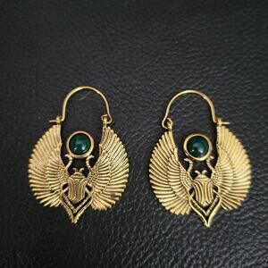 Egyptian scarab beetle gold and green tone boho hook earrings